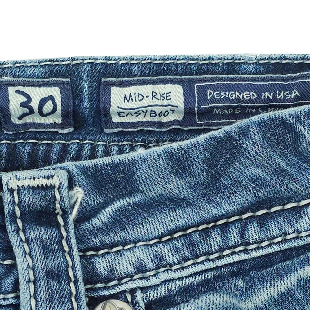 Miss Me Jeans Mid Rise Easy Boot Cut Faux Flap Size 30x29 READ Stretch Med Wash